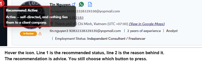 The recommendation tooltip on an In Review profile