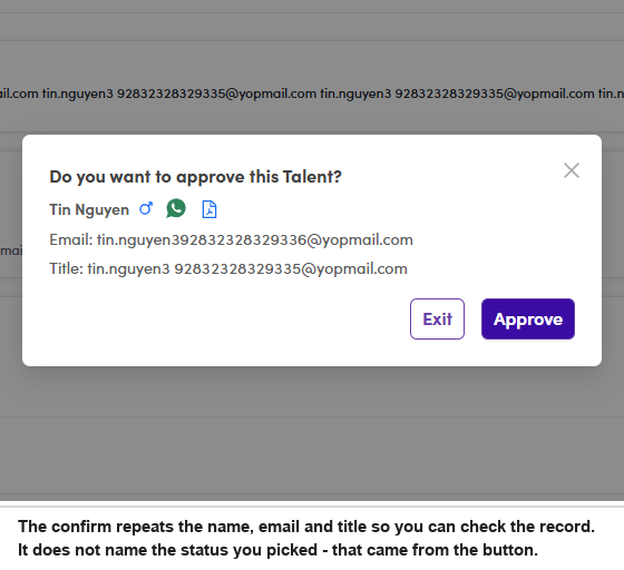 The approve confirmation dialog