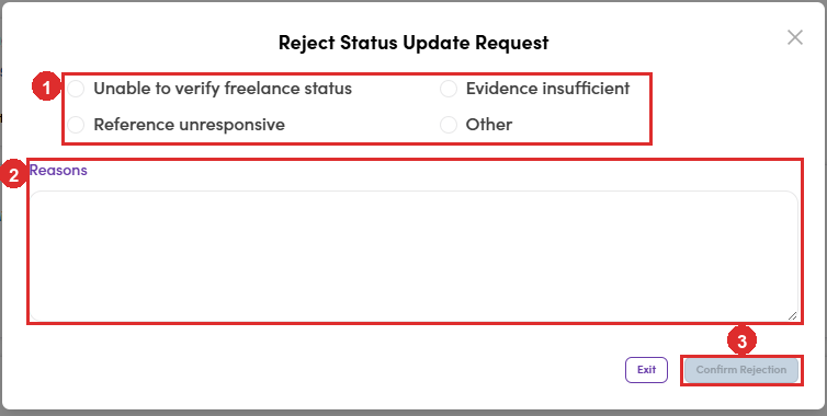 Reject Status Update Request dialog