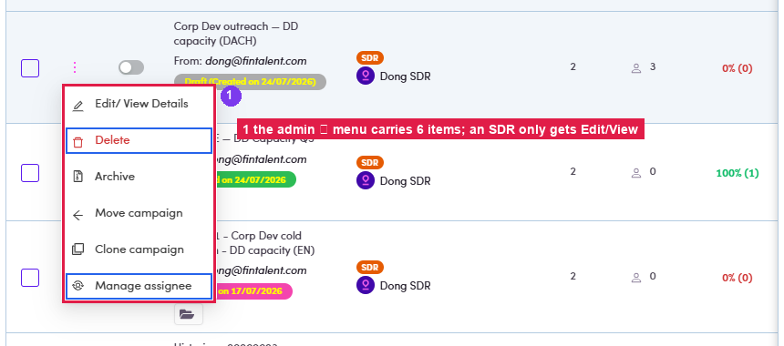 Admin row menu