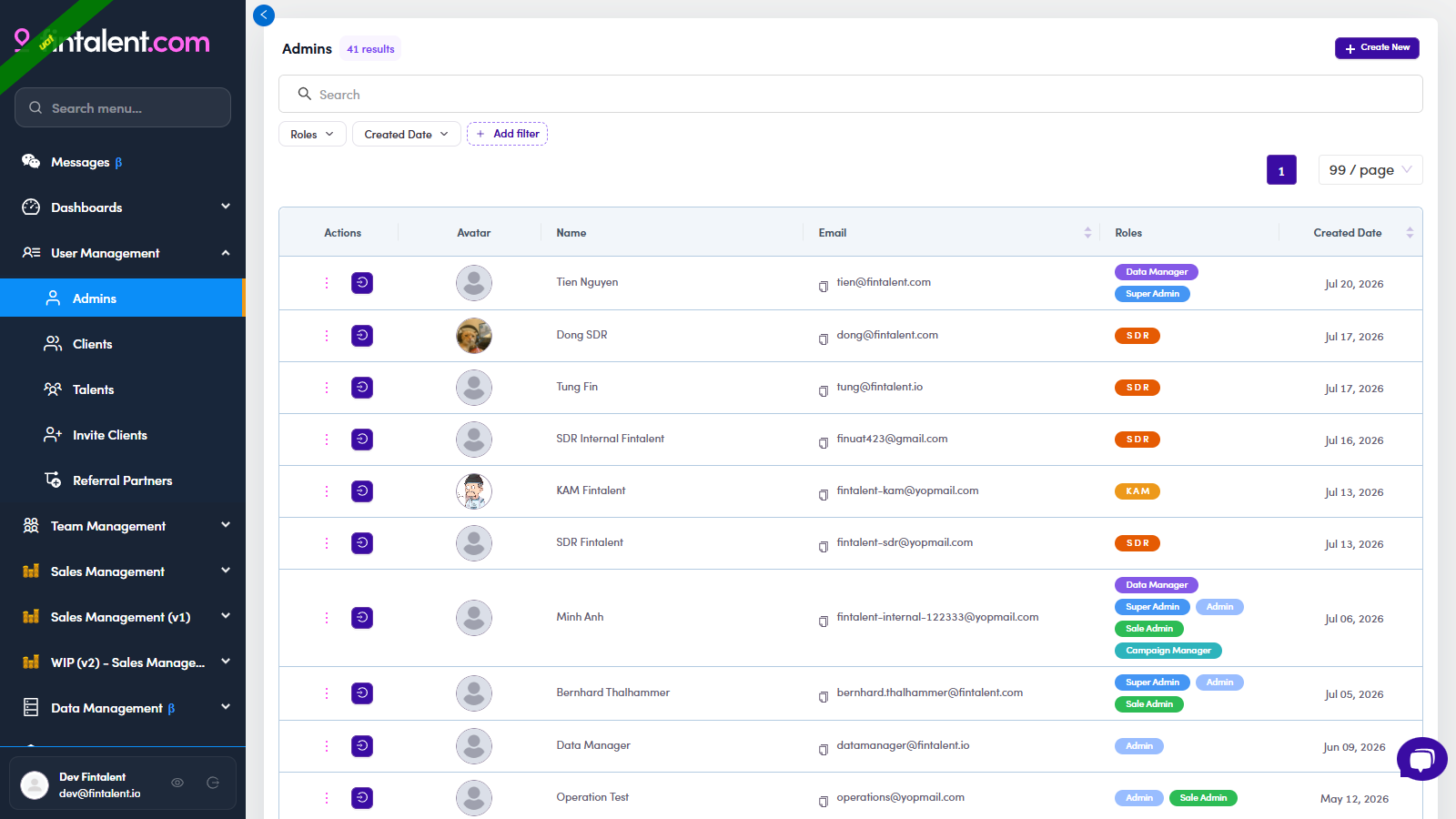 Admins page