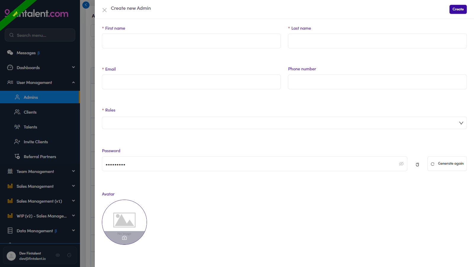 Create new Admin form