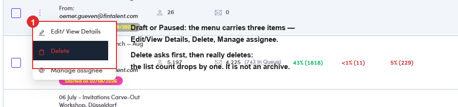 Row menu on a Draft marketing email