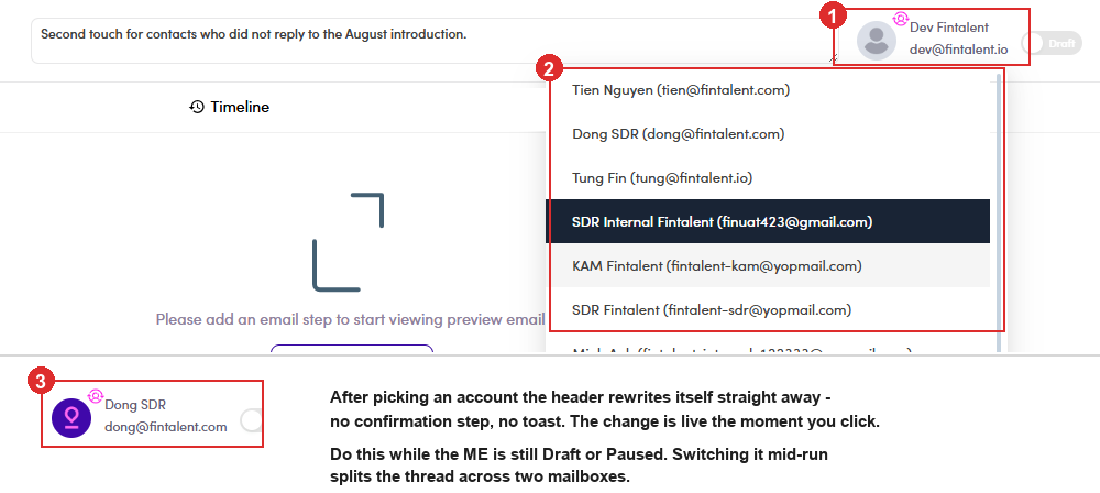 Changing the sending account from the gear on the owner avatar