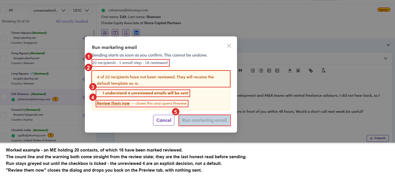 The Run marketing email confirmation with real counts
