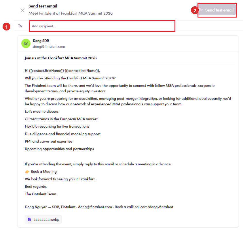 The Send test email drawer before a recipient is added
