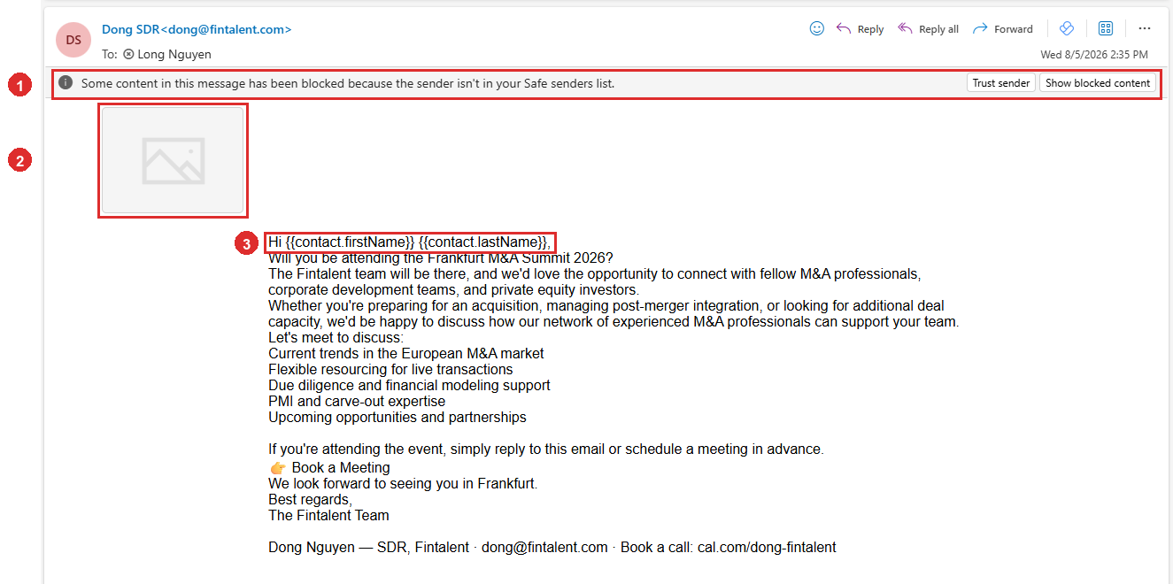 The test email as it arrives in Outlook