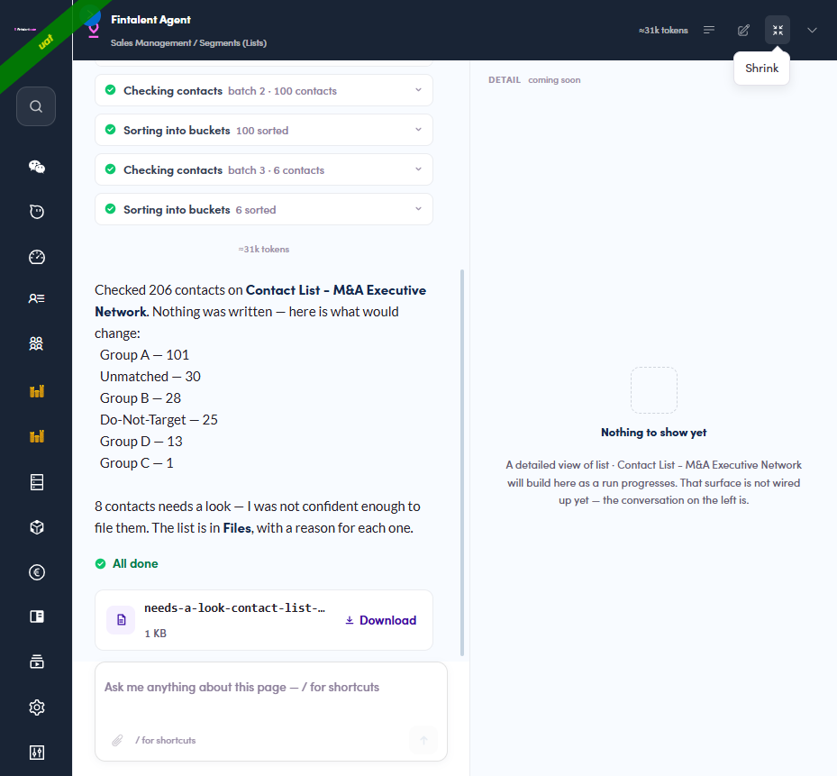 Expanded agent panel with DETAIL pane marked coming soon