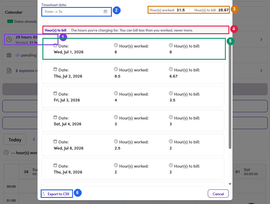 Submission history opened from the totals panel