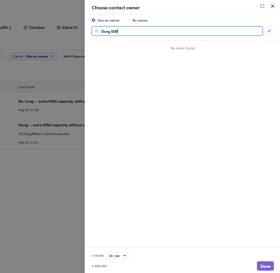 Choose contact owner returning no results