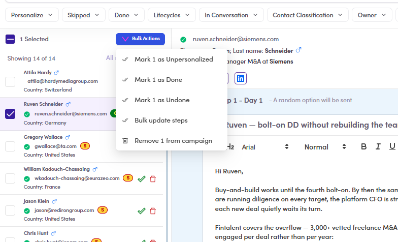 The Bulk Actions menu with Bulk update steps