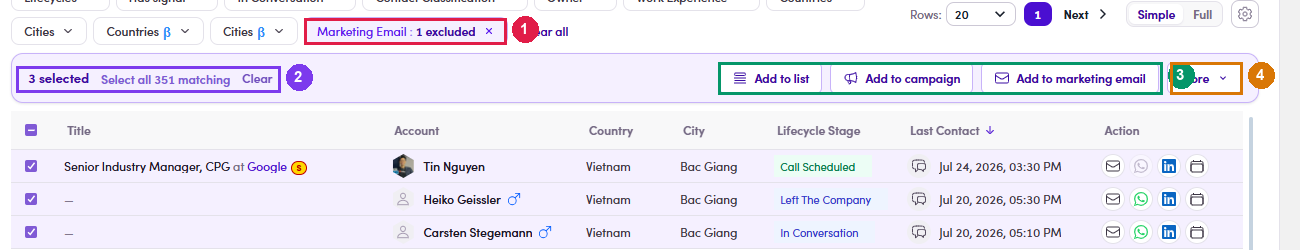 Contacts page opened with the ME filter applied