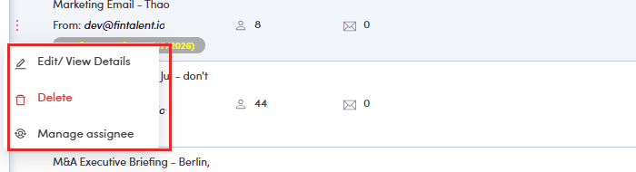 Row menu on a Draft marketing email