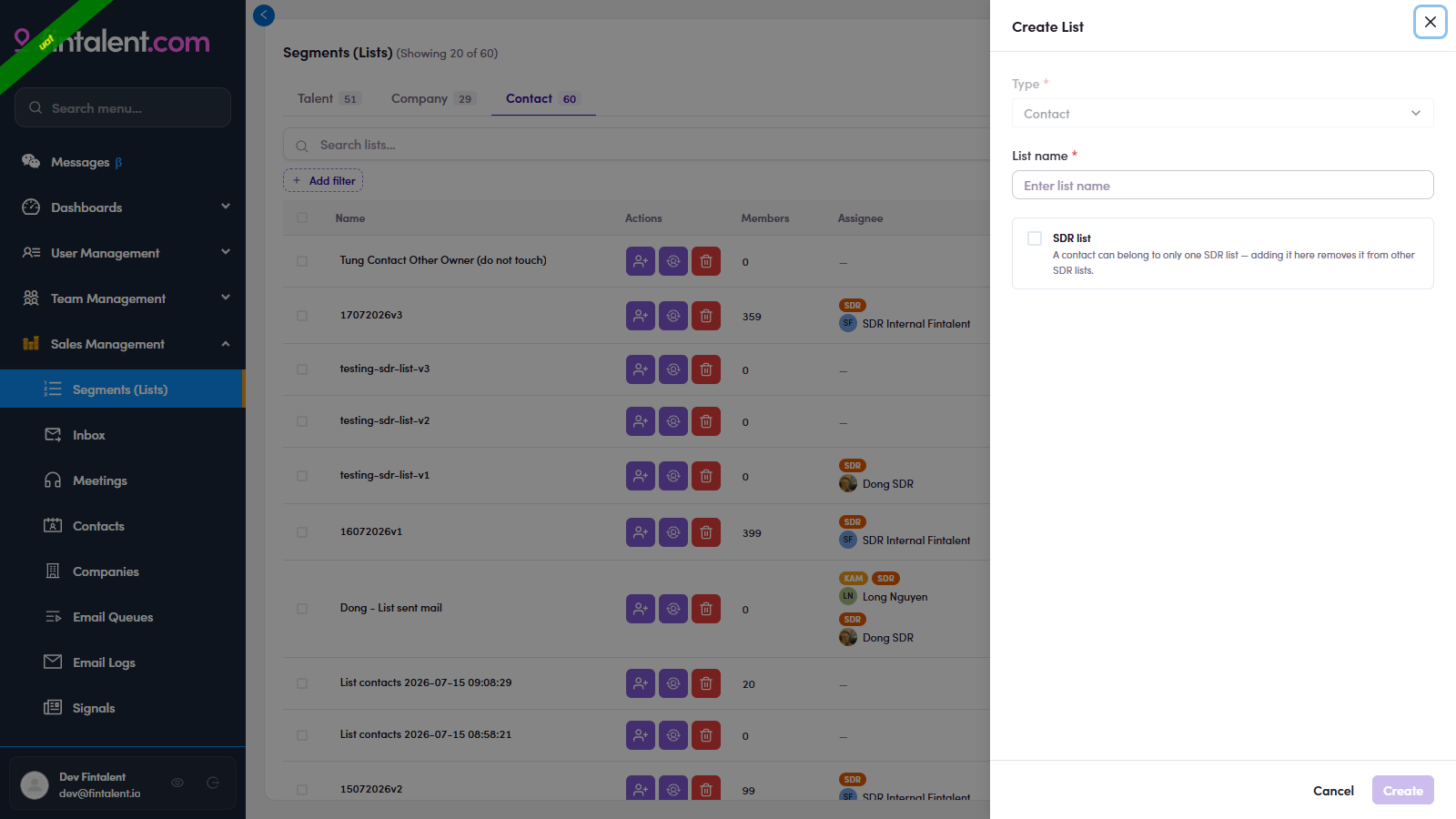Create List modal