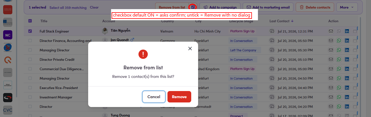Remove from list confirm