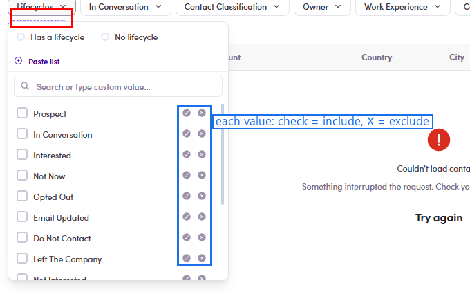 Filter dropdown include exclude
