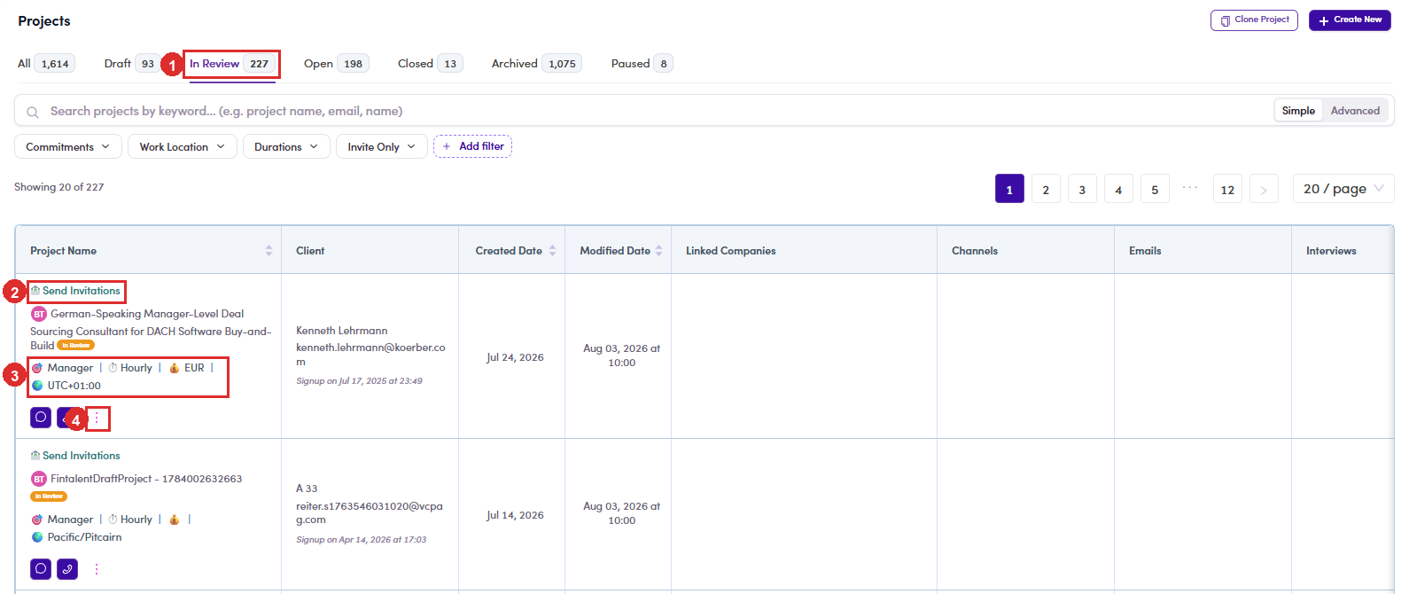 Projects list on the In Review tab