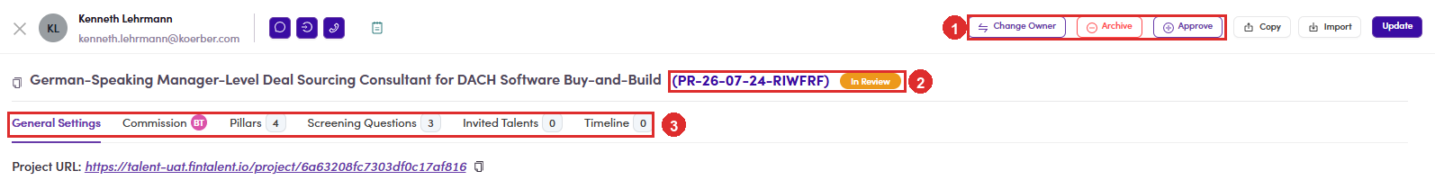Project drawer header with Approve and Archive