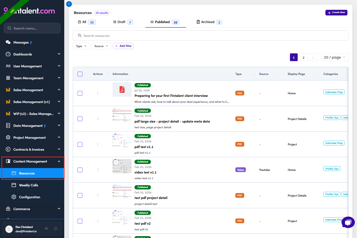 Content Management menu with Resources