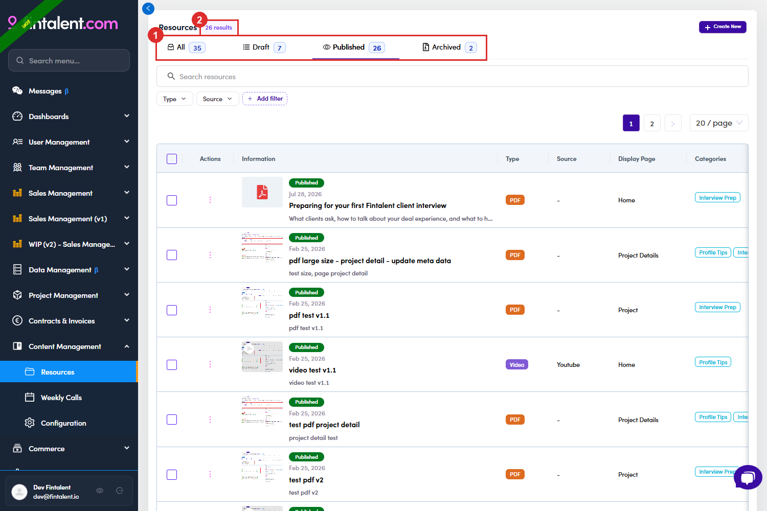Resources list with status tabs