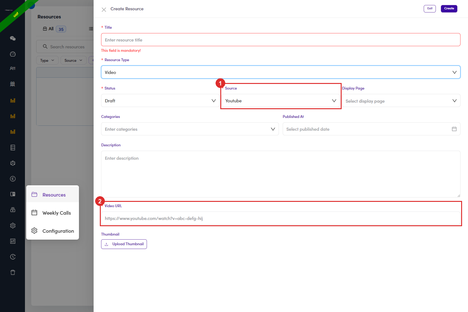 Create Resource form, Video type