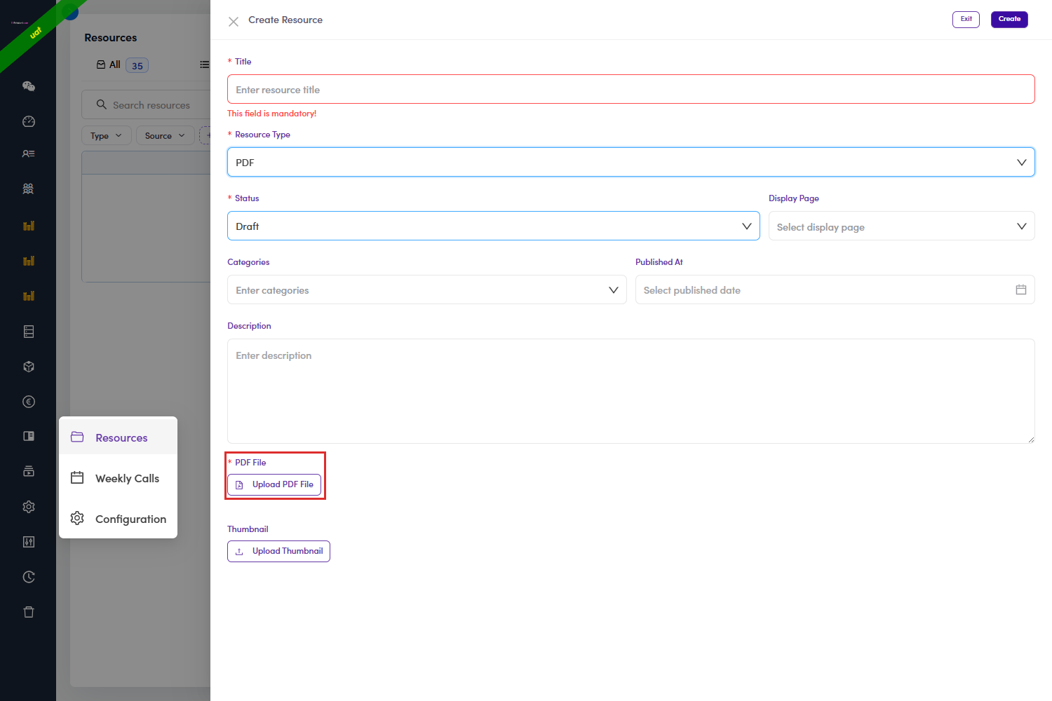 Create Resource form, PDF type