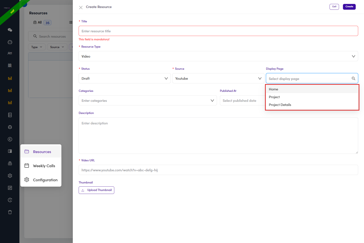 Display Page dropdown open