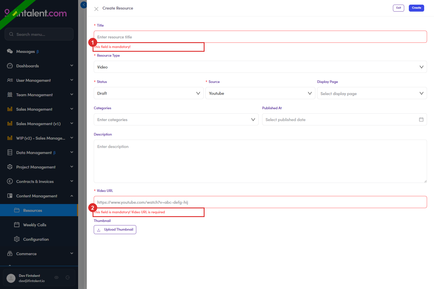 Validation errors on the create form