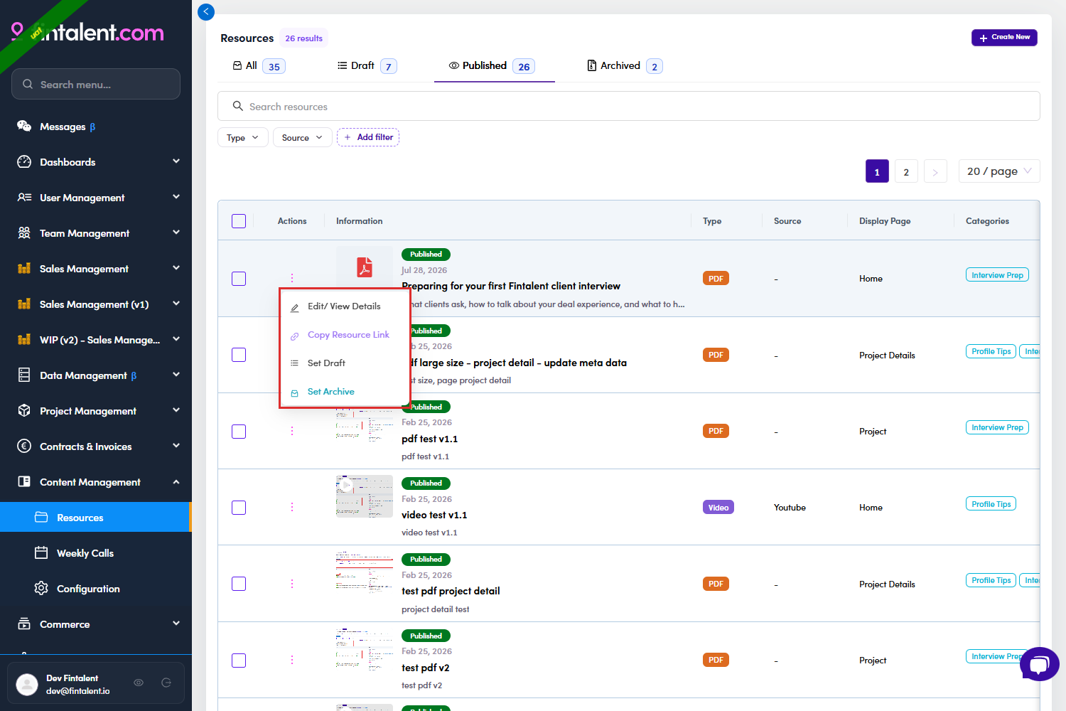 Row menu on a Published resource