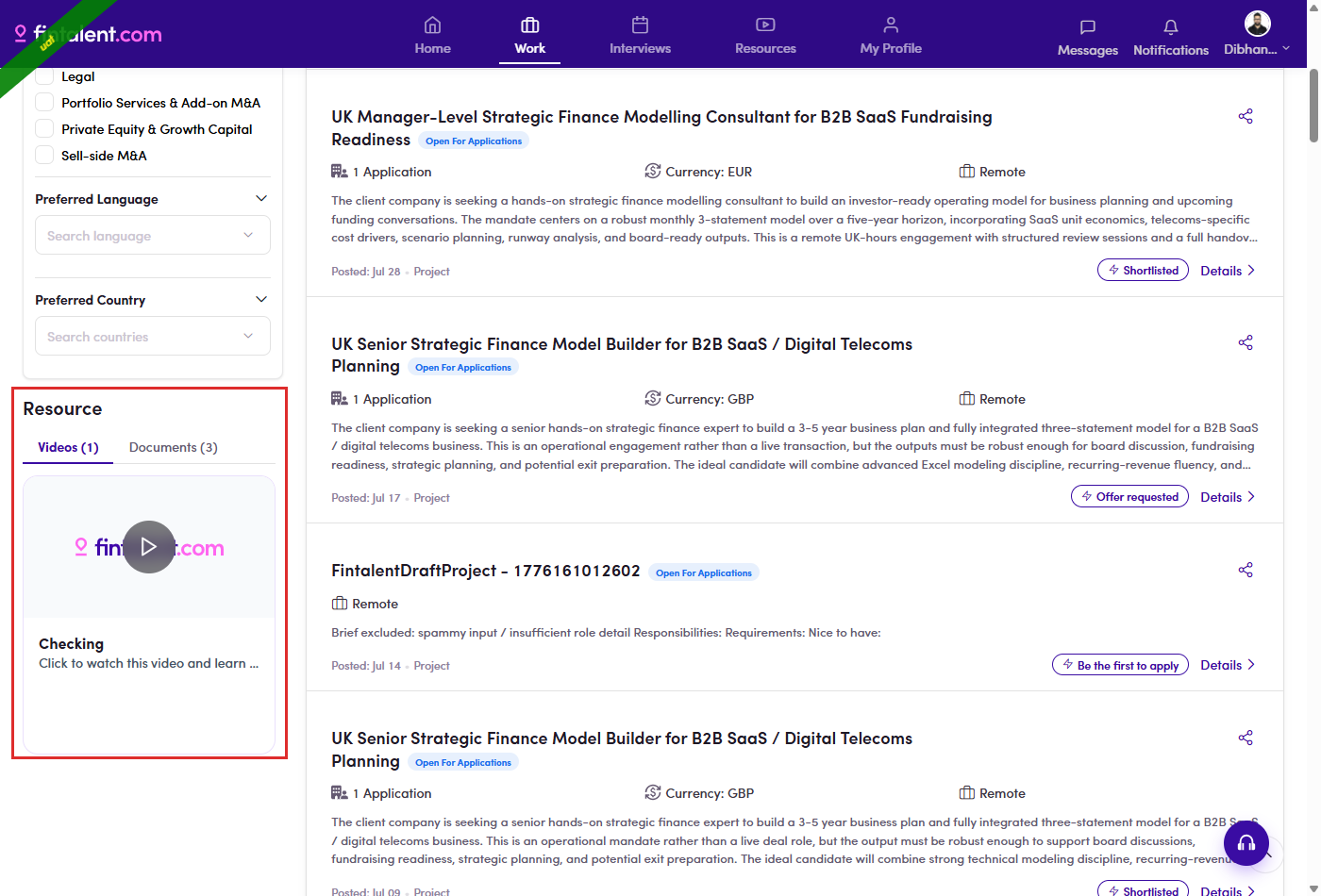 Resource block on the project list