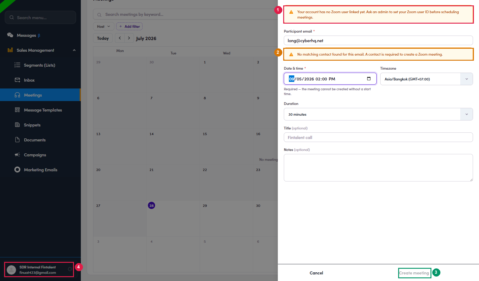 Create meeting blocked because the account has no Zoom user