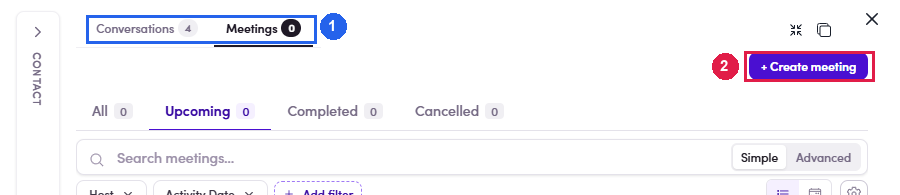 Where the Create meeting button sits on a contact