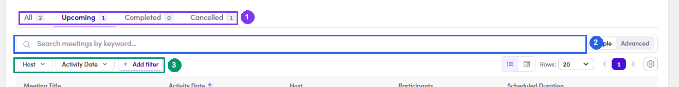 Finding a meeting on the Meetings page