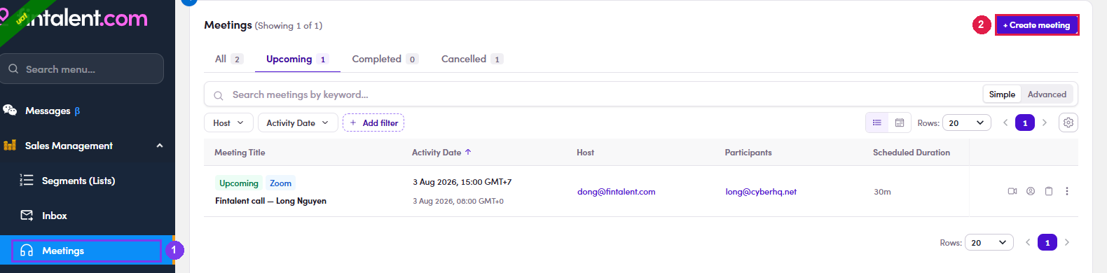 The Create meeting button on the Meetings page