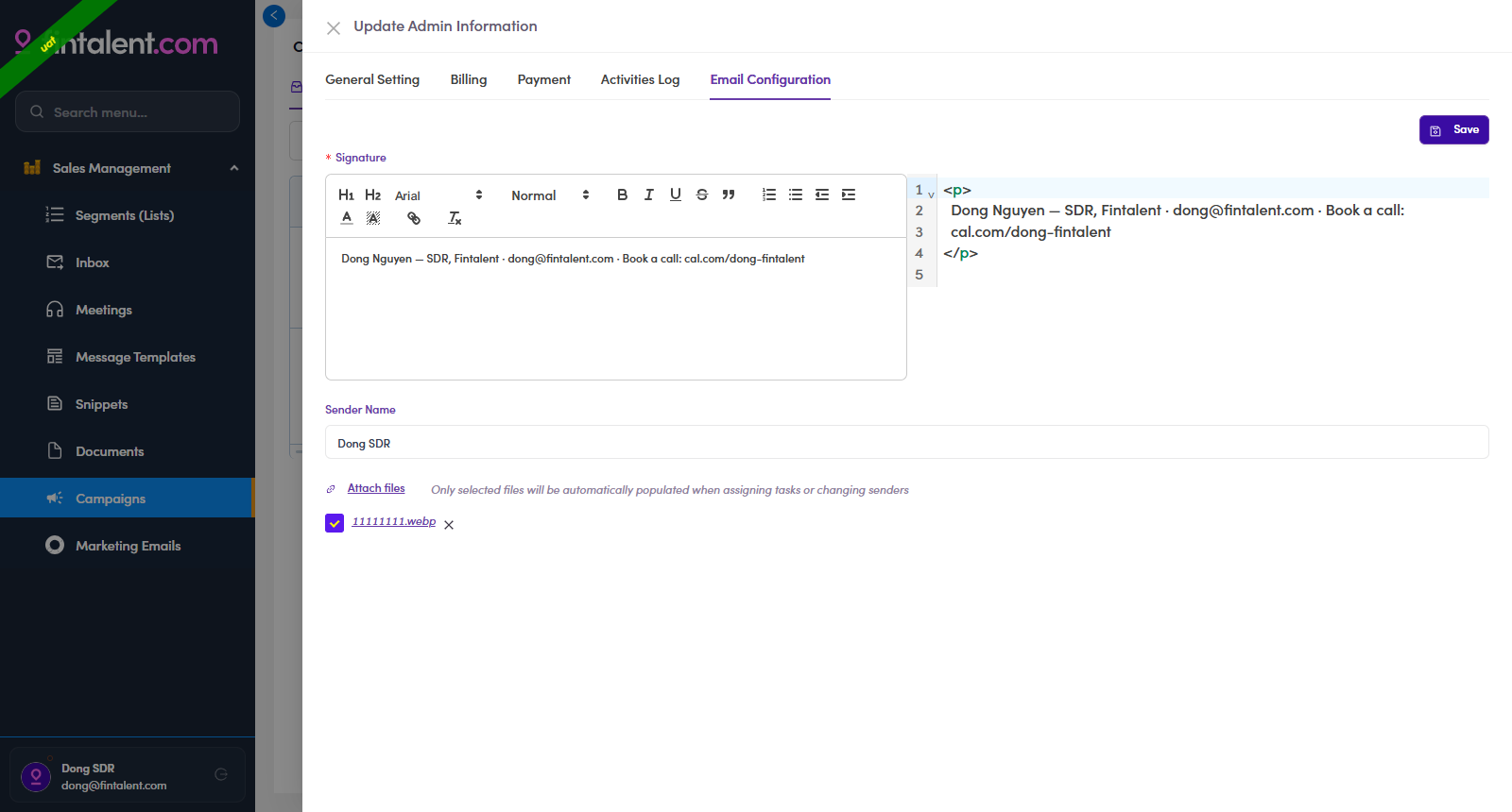 Email Configuration tab