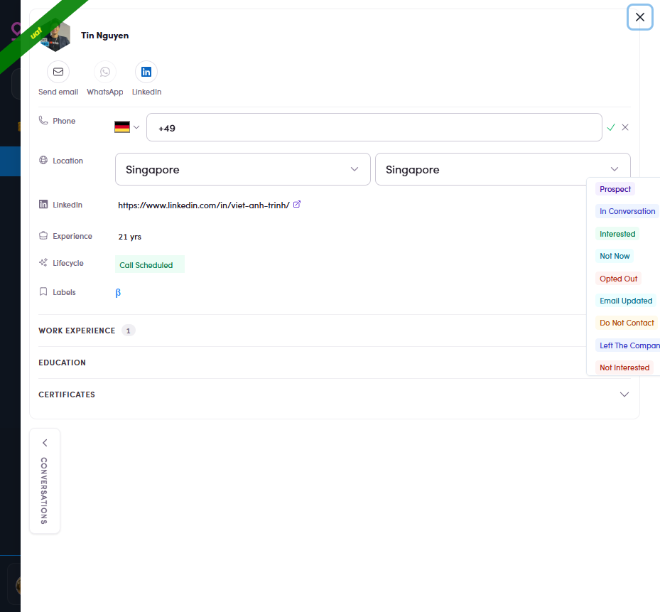 Lifecycle dropdown