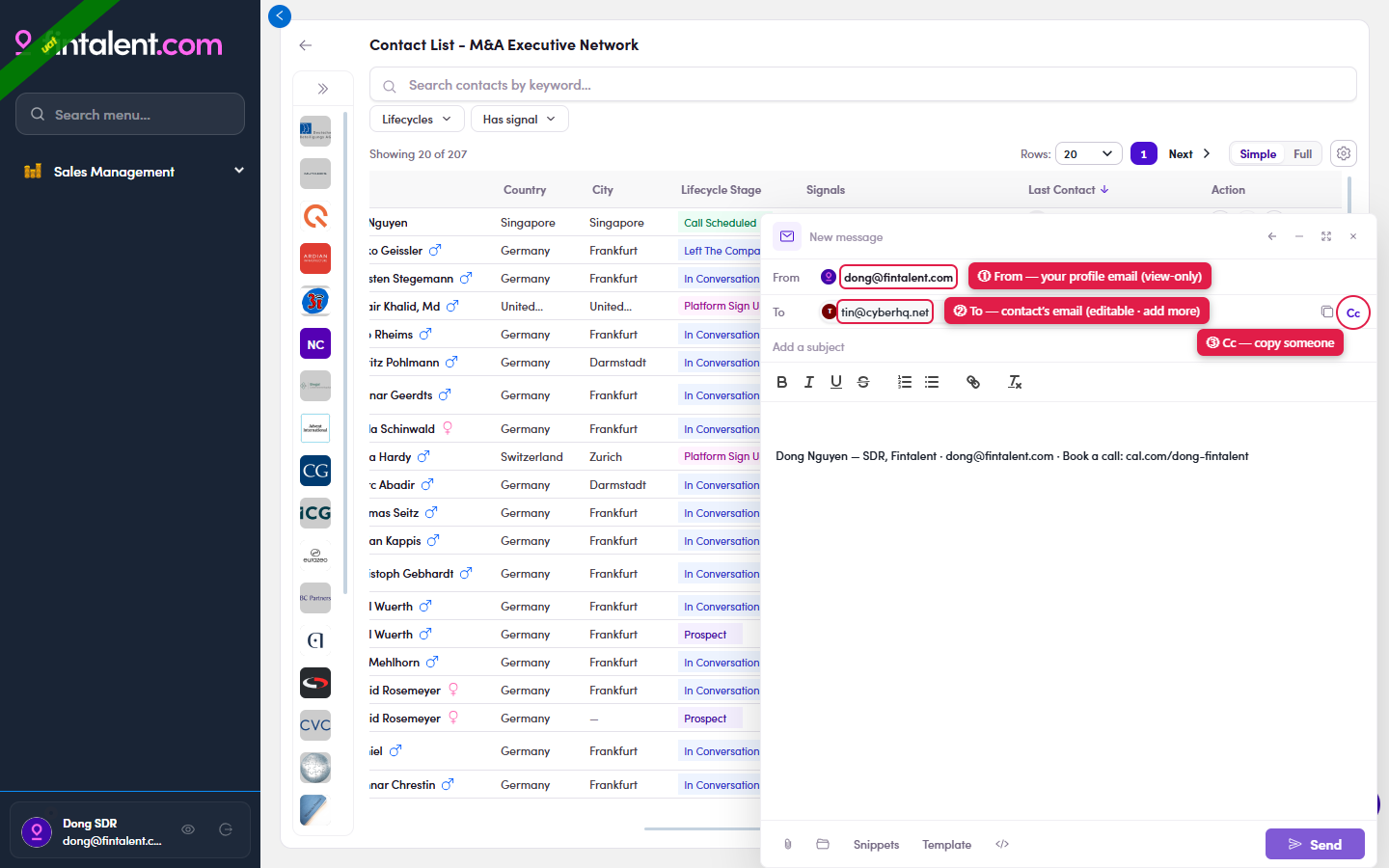 Compose window: From, To, Cc