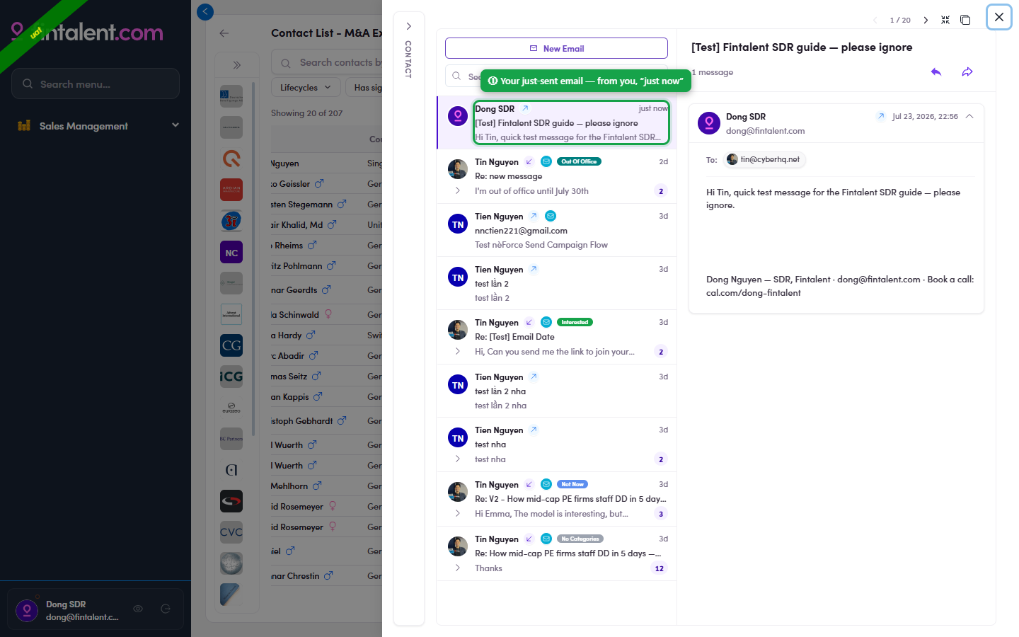 Your sent email at the top of the contact's Conversations