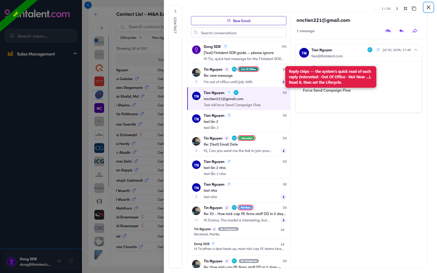 Reply chips in the thread list (Out Of Office, Interested and Not Now)