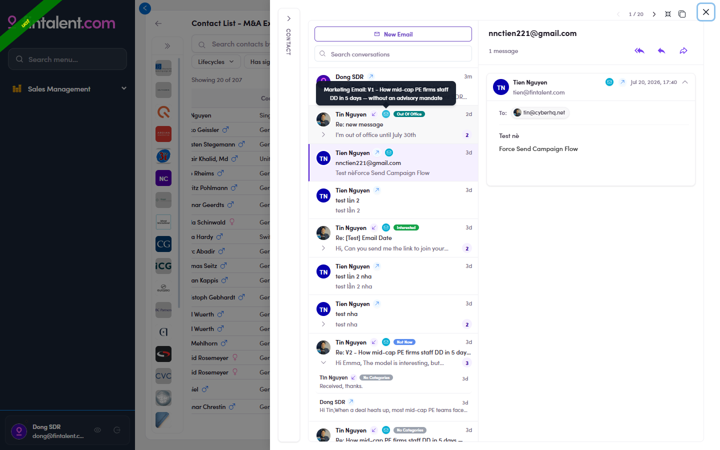 Hover the source icon: tooltip names the email's source