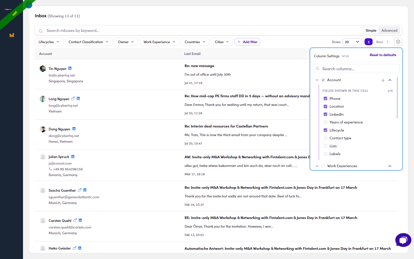 Inbox Column Settings picker