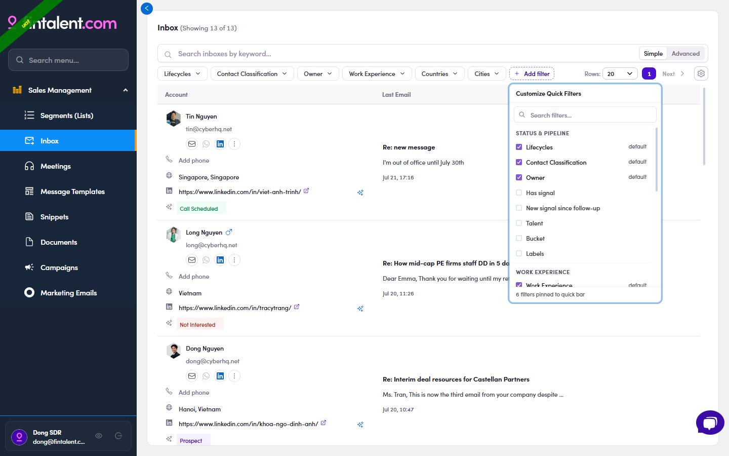 Inbox + Add filter, Customize Quick Filters catalog