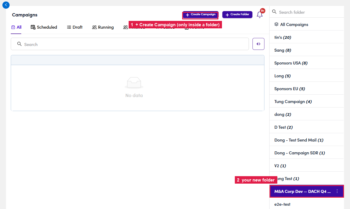 Inside a folder, Create Campaign appears