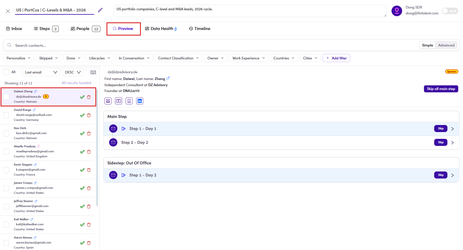 Campaign Preview tab, pick a contact