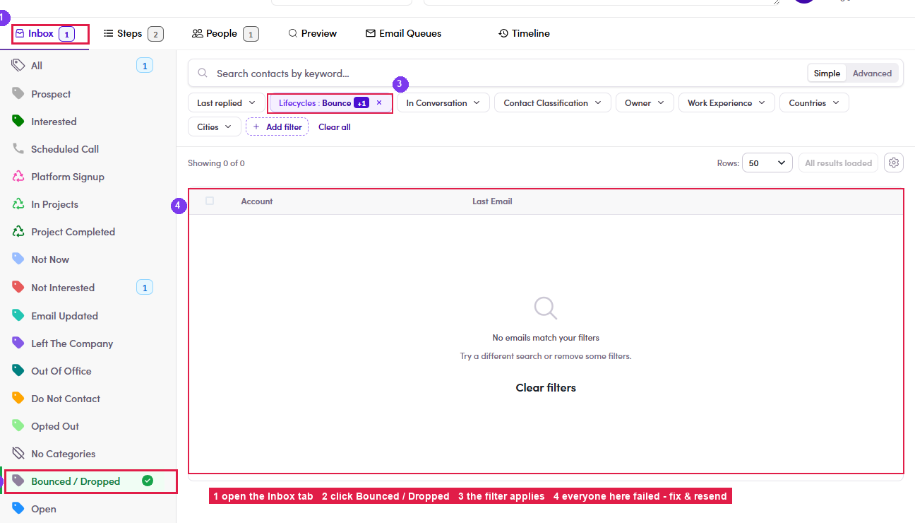 Inbox — Bounced / Dropped category