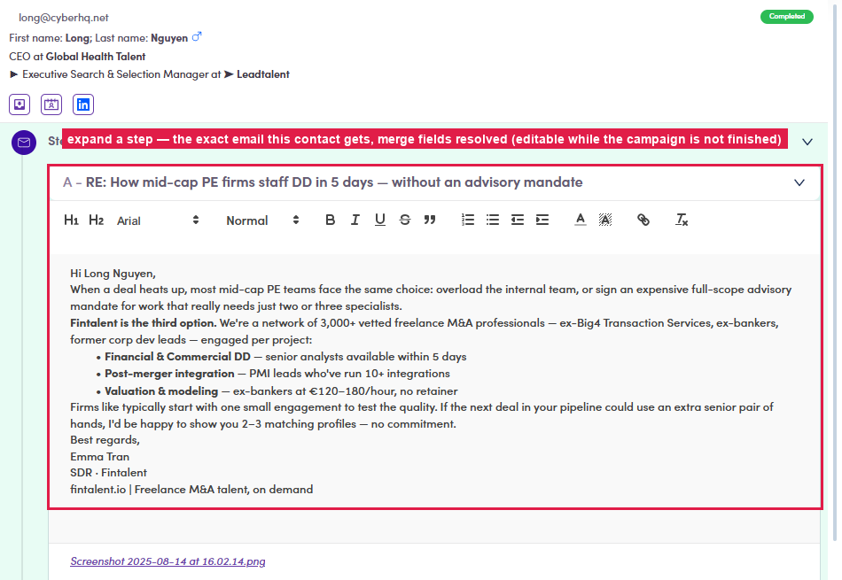 Expanded step: resolved email
