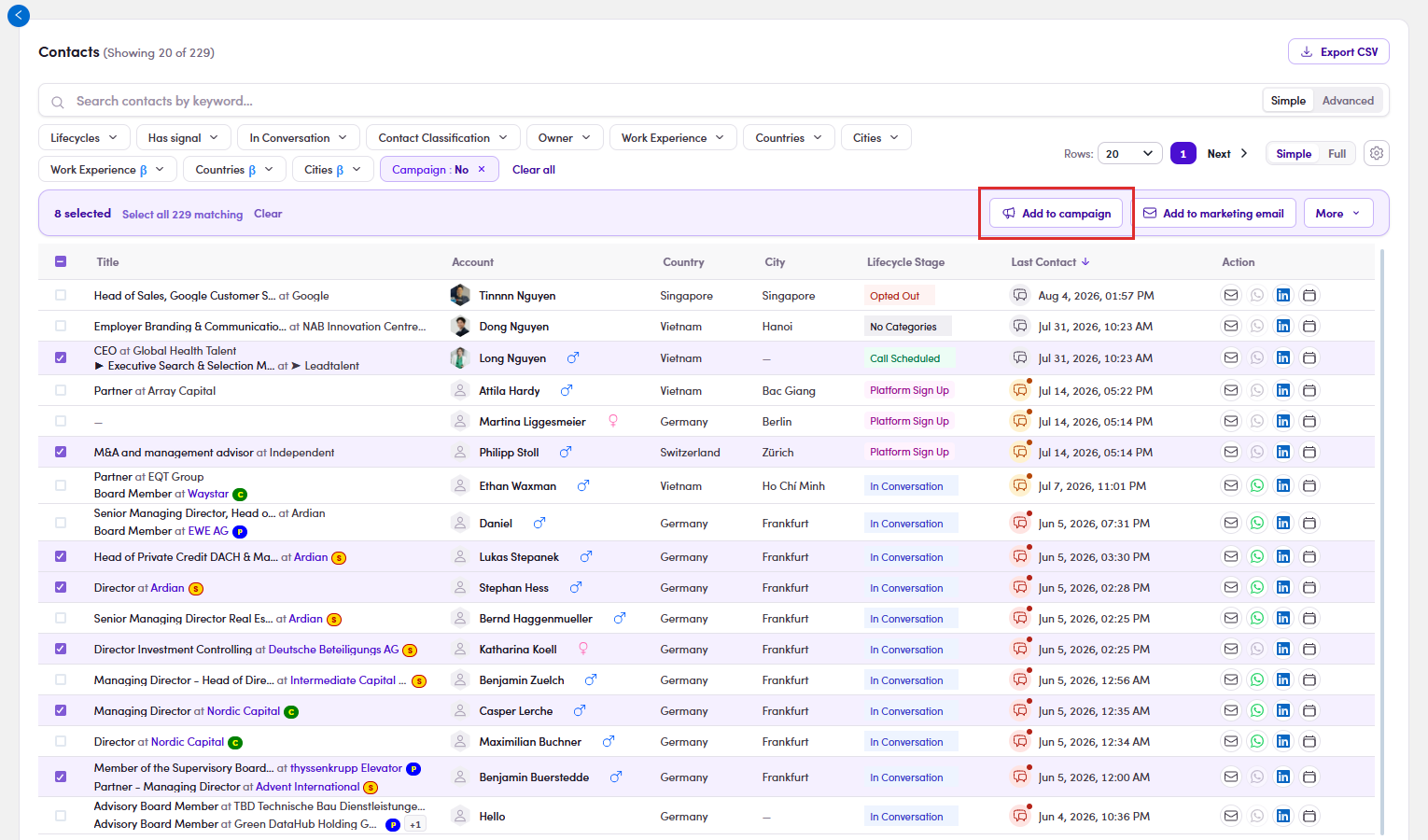 Contacts with rows ticked and the Add to campaign button