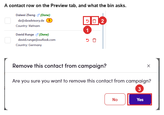 The buttons on a contact row and the remove dialog