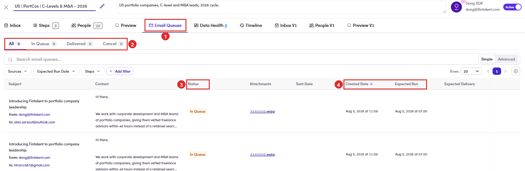 The Email Queues tab