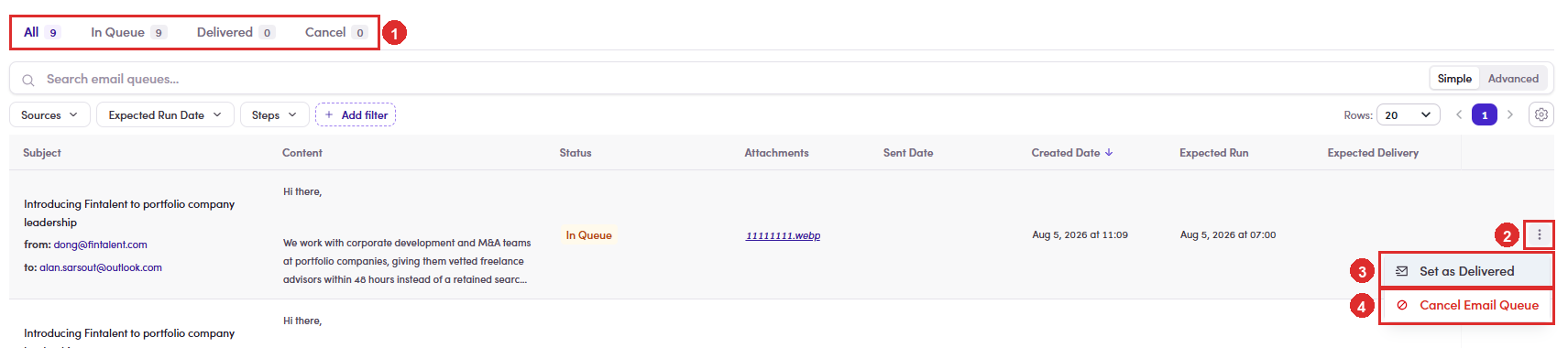 The row menu on a queued email
